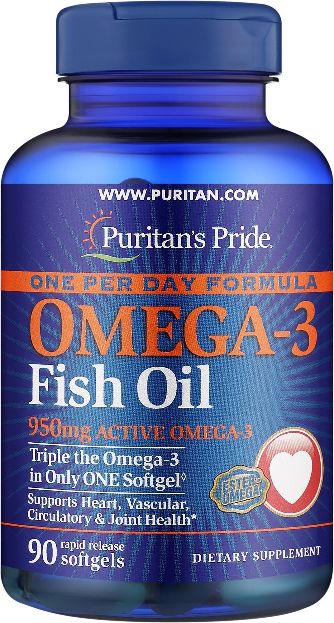 Омега-3, 950 мг, в гелевых капсулах - Puritan's Pride One Per Day Omega-3 Fish Oil 950mg Softgels — фото 90шт