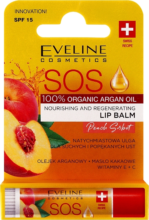 Живильно-відновлювальний бальзам для губ "Персик" - Eveline Cosmetics Argan Oil Sos Peach Sorbet — фото N2