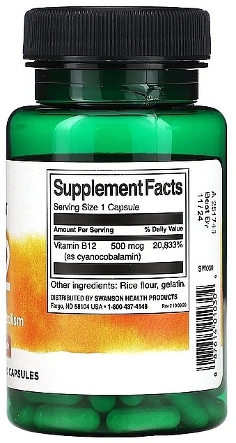 Витаминная добавка "Витамин В12", 500 мг - Swanson Vitamin B-12  — фото N2