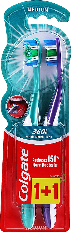 Зубна щітка 360 "Суперчистота", антибактеріальна середньої жорсткості, 1 + 1, фіолетова + темно-зелена - Colgate — фото N1