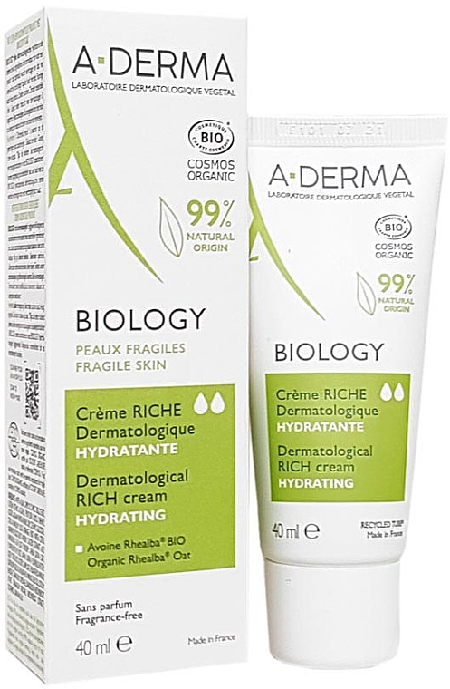 Органічний насичений зволожувальний крем для обличчя - A-Derma Biology Organic Rich Moisturizing Cream — фото N1
