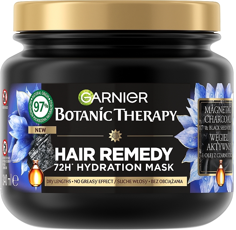 Маска для волосся з активованим вугіллям та олією чорного кмину - Garnier Botanic Therapy Hair Remedy 72H Hydration Mask