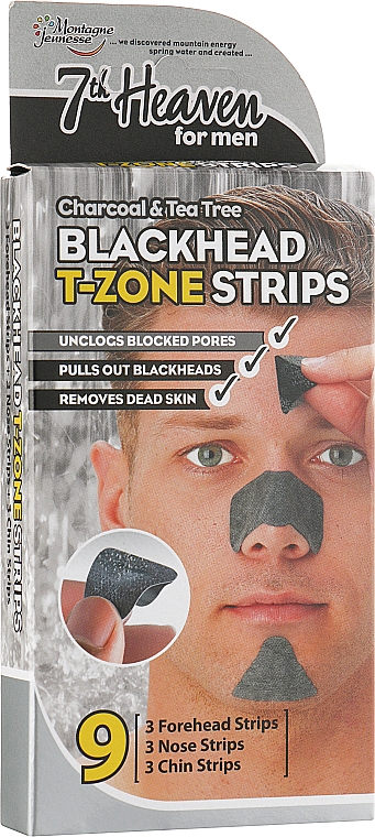 Смужки для Т-зони - 7th Heaven Men's Blackhead T-Zone Strips Charcoal & Tea Tree — фото N1