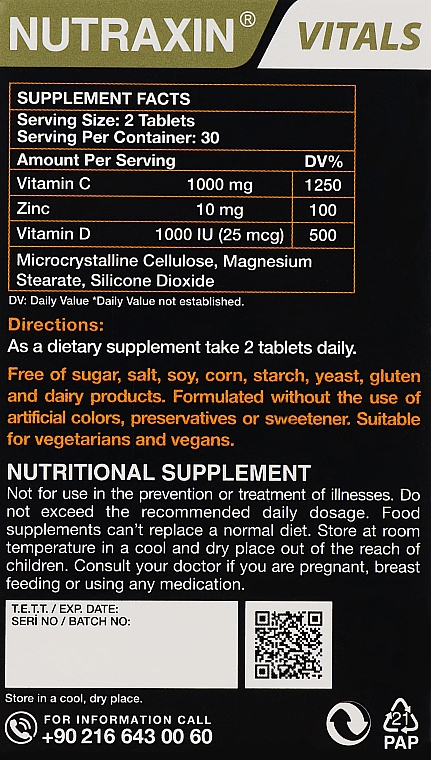 Диетическая добавка «Комплекс витаминов C, D и цинк», таблетки - Nutraxin Vitals Vitamin Max — фото N3
