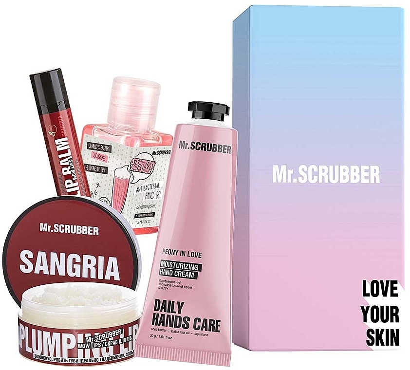 Набір - Mr.Scrubber Sweet Sangria (lip/balm/5g + lip/scrub/50ml + h/cr/30ml + sanitizer/30ml)