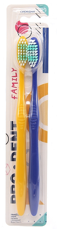 Набор зубных щеток ''Family'', средней жесткости, желтая + синяя - Pro Dent