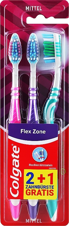 Набор зубных щеток средней жесткости, 3 шт, розовая+фиолетовая+зеленая - Colgate Flex Zone — фото N1