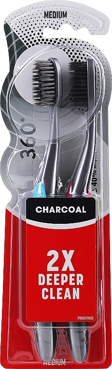 Зубна щітка середньої жорсткості, блакитна + рожева, 2 шт - Colgate 360 Charcoal Toothbrush Medium — фото N1