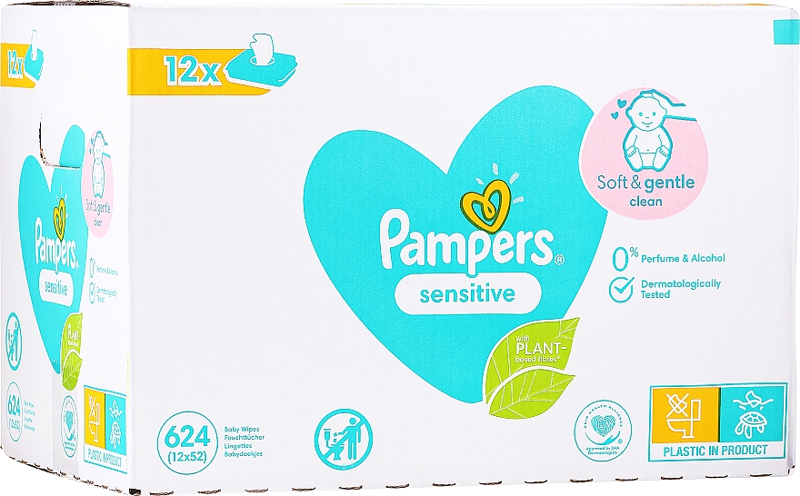 Дитячі вологі серветки з клапаном "Sensitive", 12х52 шт. - Pampers — фото N1