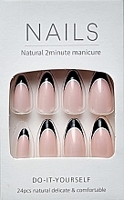 Парфумерія, косметика Накладні нігті з декоративним французьким мотивом чорного кольору з білим акцентом, 24 шт. - Deni Carte Nails Natural 2 Minutes Manicure