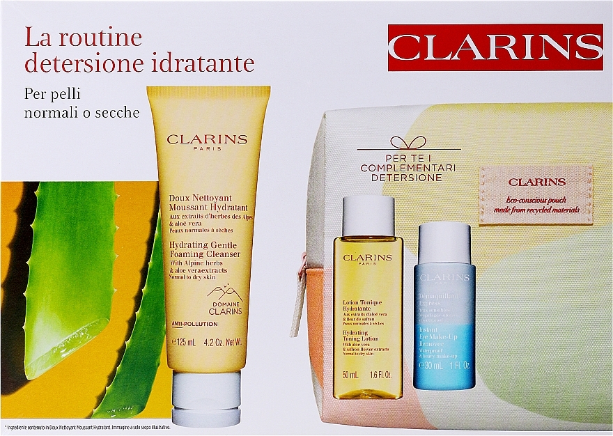 Набор для нормальной и сухой кожи - Clarins La Routine Moisturizing Cleansing Box (f cl/cr/125ml + makeup remover/30ml + bag/1pc + f/ton/50ml) — фото N1