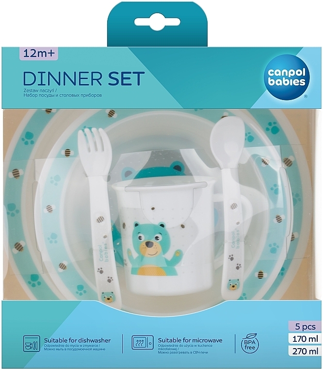 Набор посуды пластиковый "Мишка", 5 предметов, бирюзовый - Canpol Babies Cute Animals — фото N1