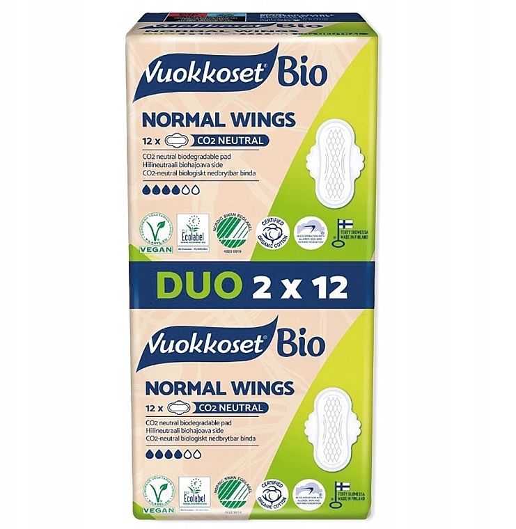 Прокладки гігієнічні з крильцями, 24 шт - Vuokkoset 100% Bio Normal Wings Duo — фото N1