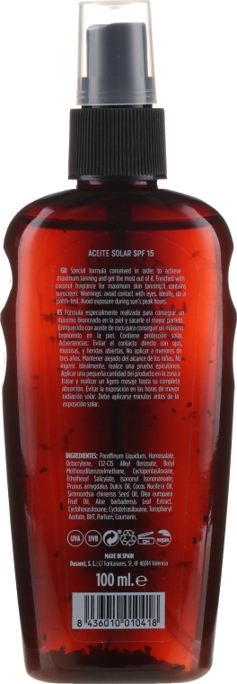 Олія для засмаги - Mediterraneo Sun Coconut Suntan Oil Dark Tanning SPF15 — фото N2