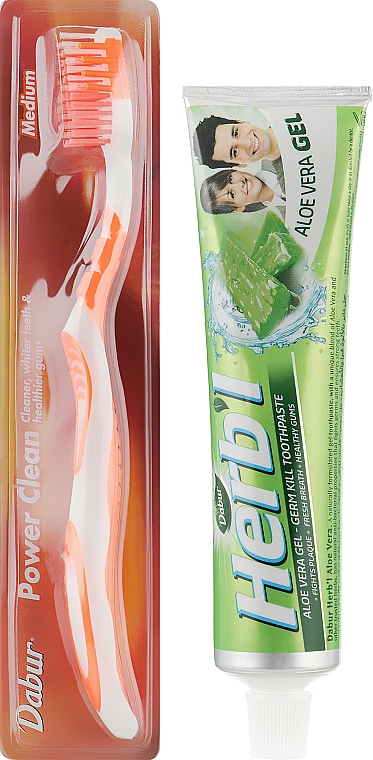 Набор "Алоэ вера", салатовый - Dabur Herb`l (toothbrush/1шт + toothpaste/150g) — фото N2