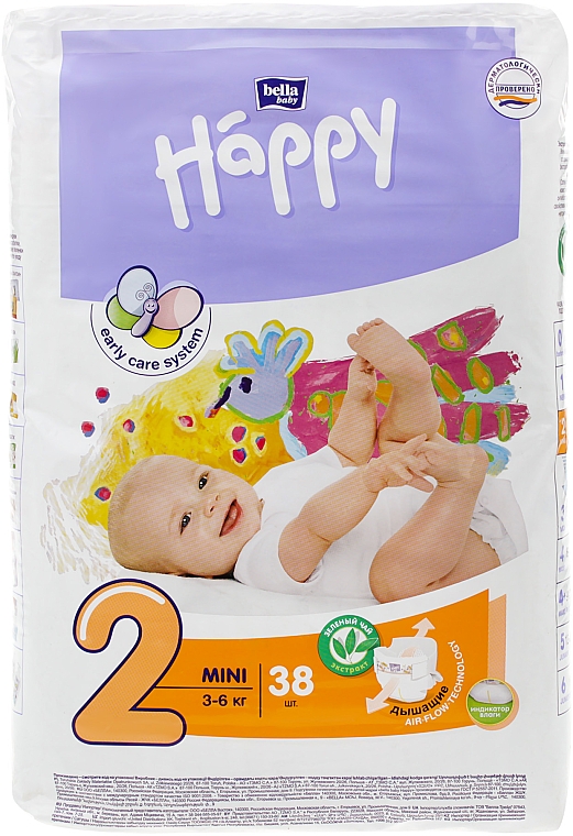 Детские подгузники "Happy" Mini 2 (3-6 кг), 38 шт - Bella Baby — фото N1