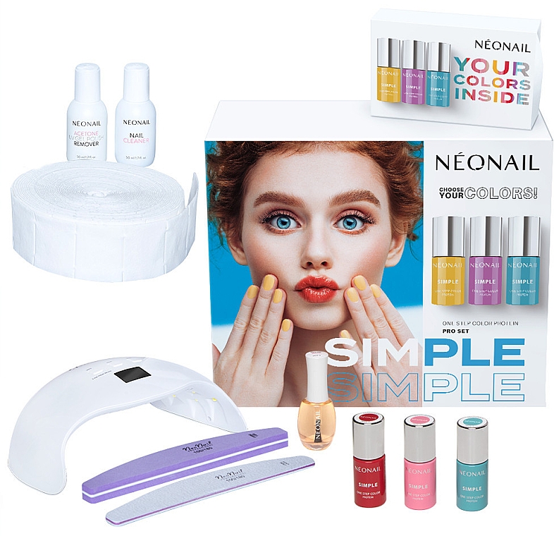 Набор - NeoNail Professional Simple One Step Pro Starter Set (n/polish/3x7.2g + lamp + n/cln/50ml + rem/50ml + n/oil/15ml + accessories) — фото N1