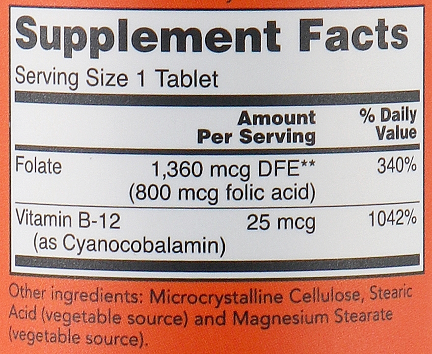 Диетическая добавка "Фолиевая кислота 800 мкг" в таблетках - Now Folic Acid 800 mcg + B12 — фото N4