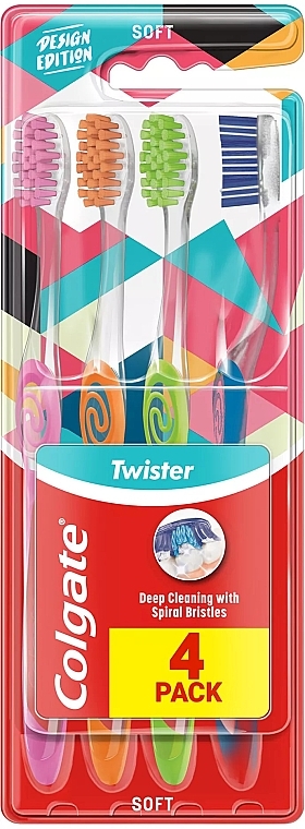 Набір м'яких зубних щіток, 4 шт, рожева + оранжева + салатова + синя - Colgate Twister Design Edition Soft Toothbrush — фото N1