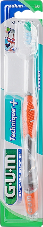 Зубная щетка, "Technique+", средней жесткости, оранжевая - G.U.M Medium Compact Toothbrush — фото N1