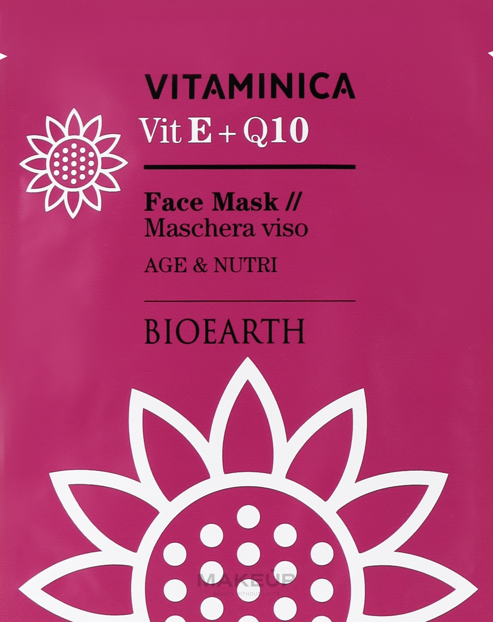 Маска целюлозна омолоджуюча для сухої та чутливої шкіри - Bioearth Vitaminica Single Sheet Face Mask Vit E + Q10 — фото 15ml
