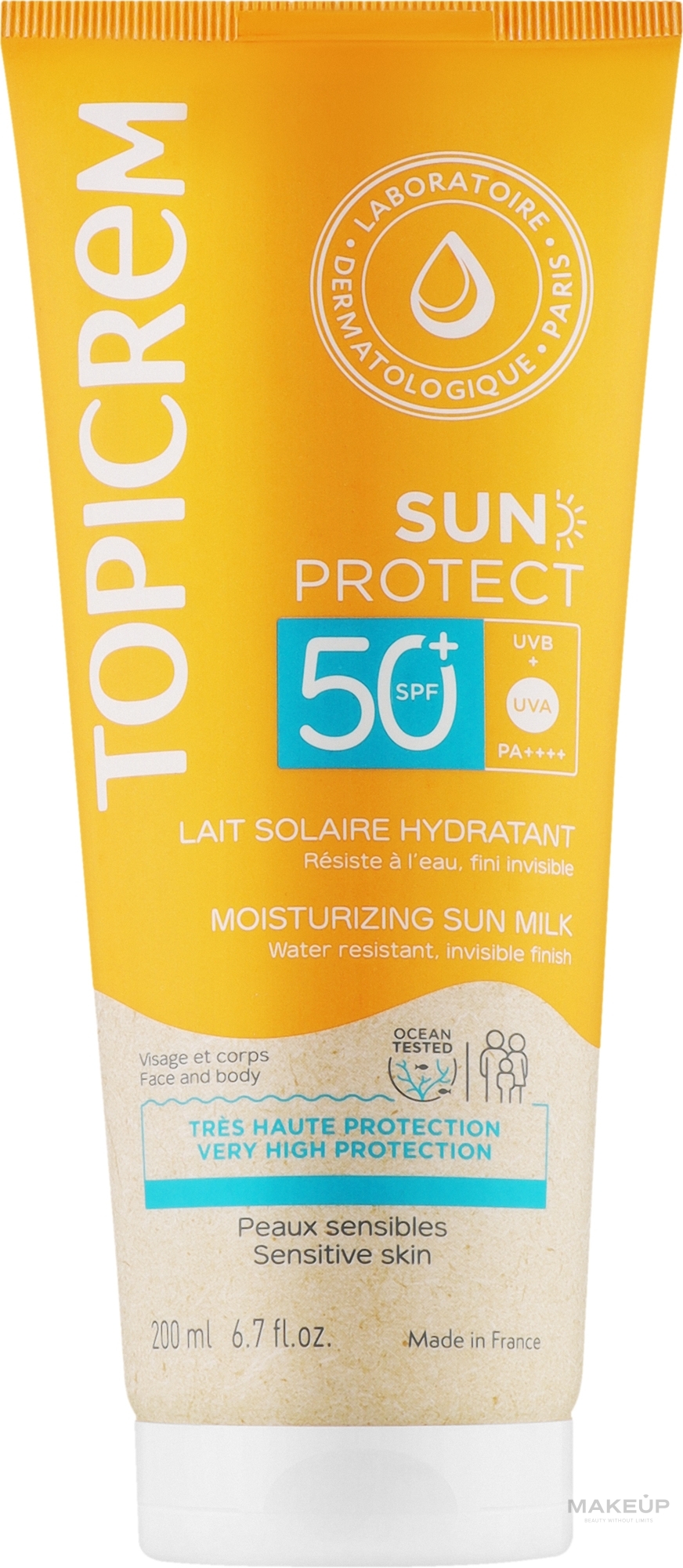 Увлажняющее солнцезащитное молочко для тела SPF50+ - Topicrem Sun Protect Moisturuzung Sun Milk — фото 200ml