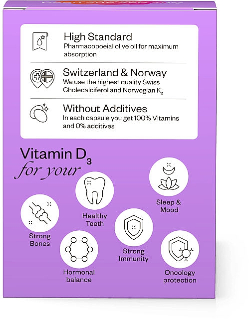 Вітамін Д3 + K2 5000 IU, 60 капсул - Perla Helsa Vitamin D3 + K2 5000 IU 75 mcg Match Dietary Supplement — фото N2