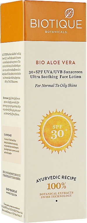 УЦІНКА Сонцезахисний та омолоджувальний лосьйон для обличчя і тіла з SPF 30 - Biotique Aloe Vera Face and Body Sun Lotion * — фото N1