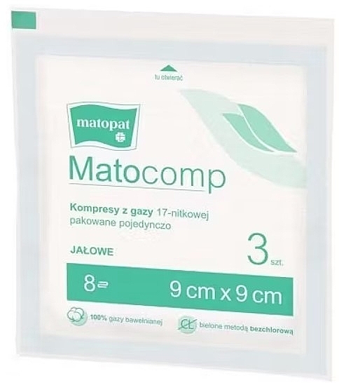 Компрессы марлевые стерильные, 17 нитей, 8 слоев, 9х9 см, 3 шт., в индивидуальной упаковке - Matopat Matocomp — фото N1