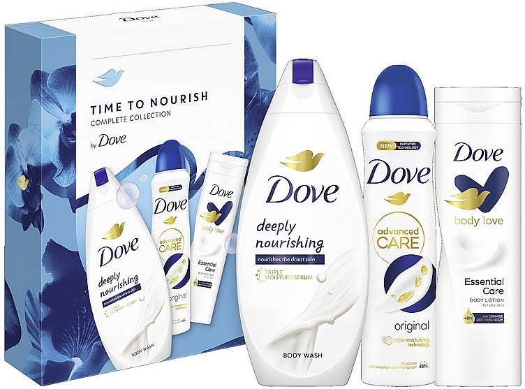 Набір - Dove Time To Nourish Complete Collection (sh/gel/250ml + b/lot/250ml + deo/150ml) — фото N1