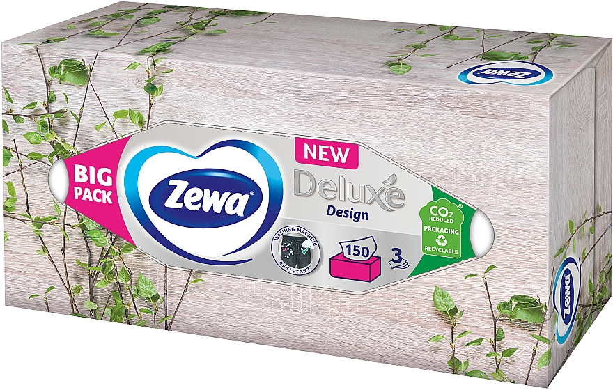 Салфетки косметические трехслойные, без запаха, 150 шт., серая с листьями упаковка - Zewa Deluxe Design — фото N1