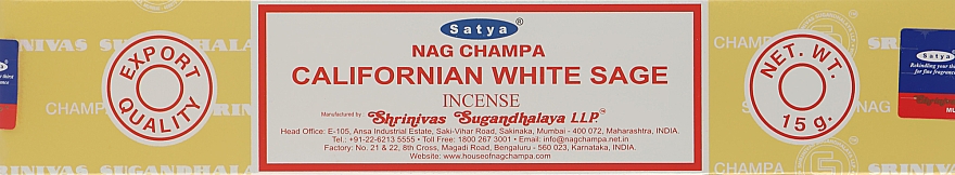 Благовония "Калифорнийский белый шалфей" - Satya Californian White Sage Incense — фото N1