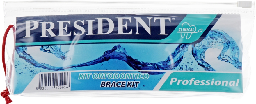 Ортодондичний набір, синя щітка - PresiDENT (toothpast/20ml + toothbrush/1шт + d/s/brush/4шт + single brush/1шт + wax/1шт + dental floss/1шт + penal) — фото N9