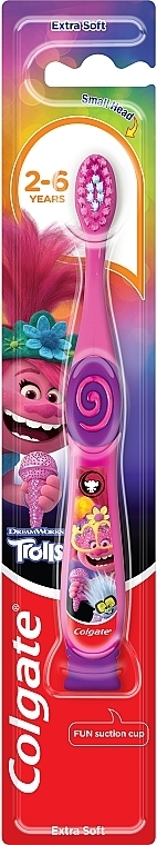 Зубна щітка дитяча для дітей від 2 до 6 років дуже м'яка, рожево-фіолетова, троль - Colgate Kids — фото N2