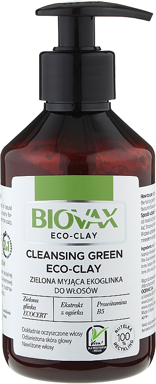 Кондиционер для мытья волос с зеленой глинкой, огурцом, В-5 - Biovax Eco Cleansing Green Eco-Clay — фото N1
