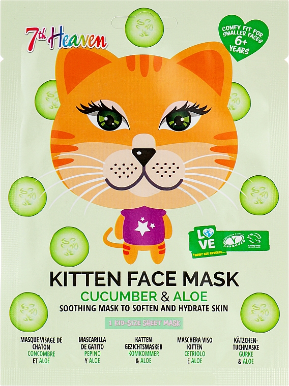 Тканинна маска для обличчя "Кошеня", з екстрактом огірка та алое - 7th Heaven Face Food Kitten Face Mask Cucumber & Aloe — фото N1