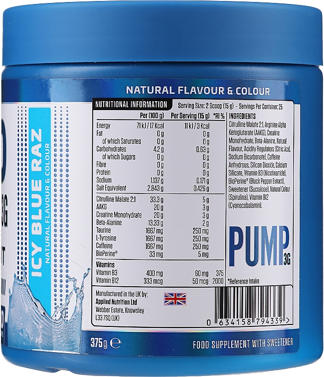 Многокомпонентная смесь из 12 веществ для поддержания мышечной деятельности и кровотока - Applied Nutrition Pump 3G Zero Stimulant Icy Blue Raz — фото N2
