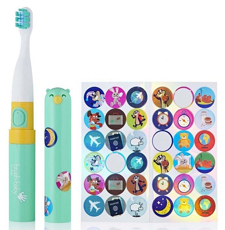 Електрична зубна щітка з наклейками, зелена - Brush-Baby Go-Kidz Pink Green Toothbrush — фото N1