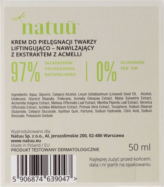 Увлажняющий крем-лифтинг для лица с экстрактом акмеллы - Natuu SuperLift Face Cream — фото N2