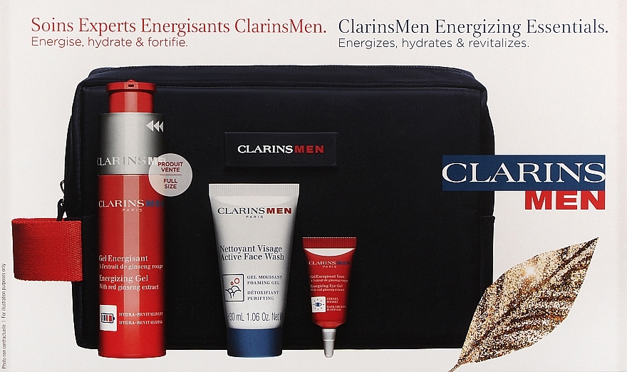 Набор - Clarins Men Energizing Essentials (f/gel/50ml + eye/gel/3ml + f/wash/30ml + ser/sample/0.9ml + bag) — фото N2