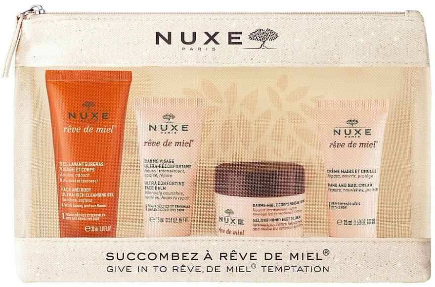 Набор - Nuxe Rêve de Miel Temptation Travel Set 2022 (h/cr/15ml + f/b/gel/30ml + b/balm/30ml + f/balm/15ml + bag) — фото N1