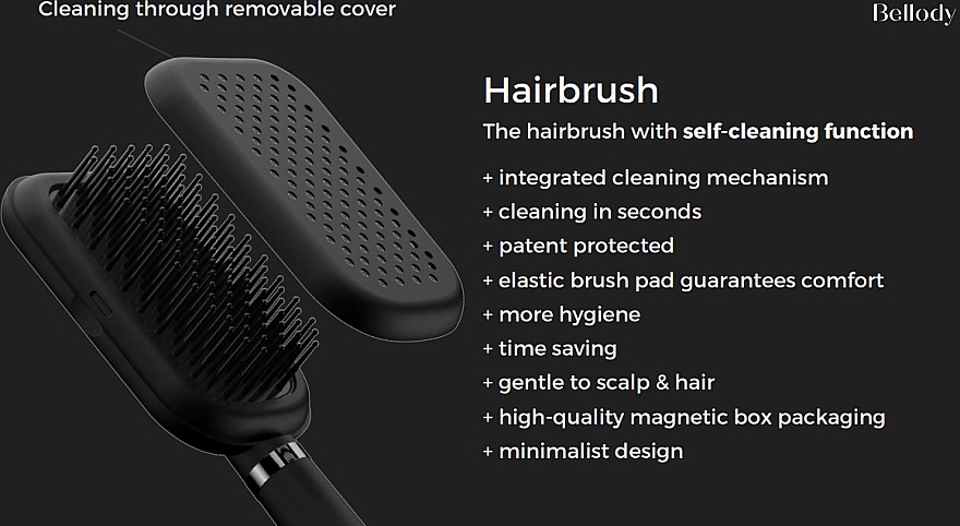 Расческа для волос с функцией самоочищения, Classic Black - Bellody Patented Hairbrush With Self-Cleaning Function — фото N3