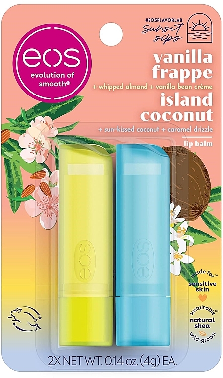 Набір «Кокосова колада та ванільно-мигдалевий молочний коктейль» - EOS Island Coconut & Vanilla Frappe (lip/balm/2х4g)