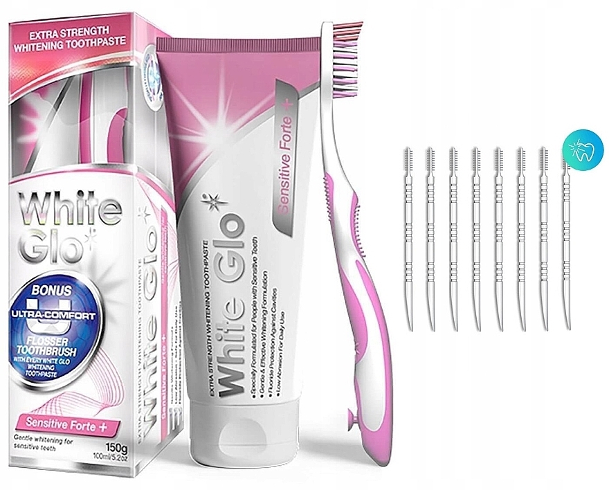 Набір - White Glo Sensitive Forte + Extra Strength Whitening Set (t/paste/100ml + t/brush/1 + dental/flosser) — фото N2