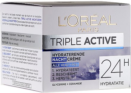 Зволожувальний нічний крем для всіх типів шкіри - L'Oreal Triple Active Hydrating Night Cream 24H For All Skin Types — фото N1