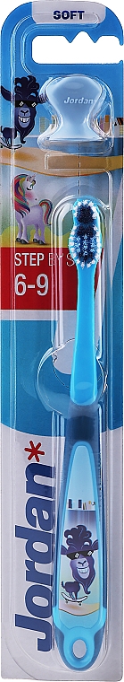 Дитяча зубна щітка Step by Step (6-9) м'яка, без ковпачка, блакитна з віслюком - Jordan — фото N1