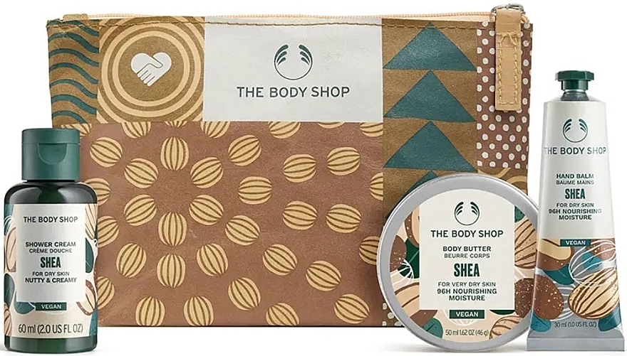 Набор - The Body Shop Nutty & Nourishing Shea Mini Gift (sh/gel/60ml + b/butter/50ml + h/cr/30ml + bag/1pcs) — фото N1