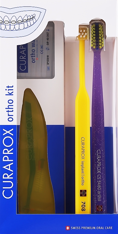 Набор, вариант 44 (желтый, фиолетовый) - Curaprox Ortho Kit (brush/1pcs + brushes 07,14,18/3pcs + UHS/1pcs + orthod/wax/1pcs + box) — фото N1