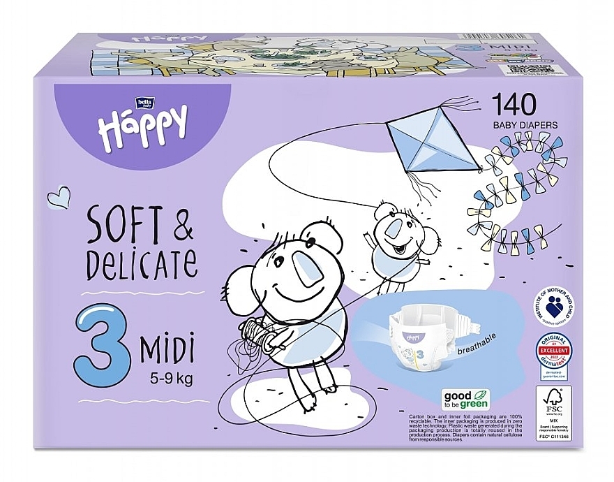 Детские подгузники 5-9 кг, размер 3 Midi, 140 шт - Bella Baby Happy Soft & Delicate — фото N1