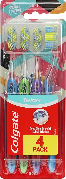 Набор мягких зубных щеток, 4 шт., голубая+салатовая+сиреневая+голубая - Colgate Twister Design Edition Soft Toothbrush — фото N1